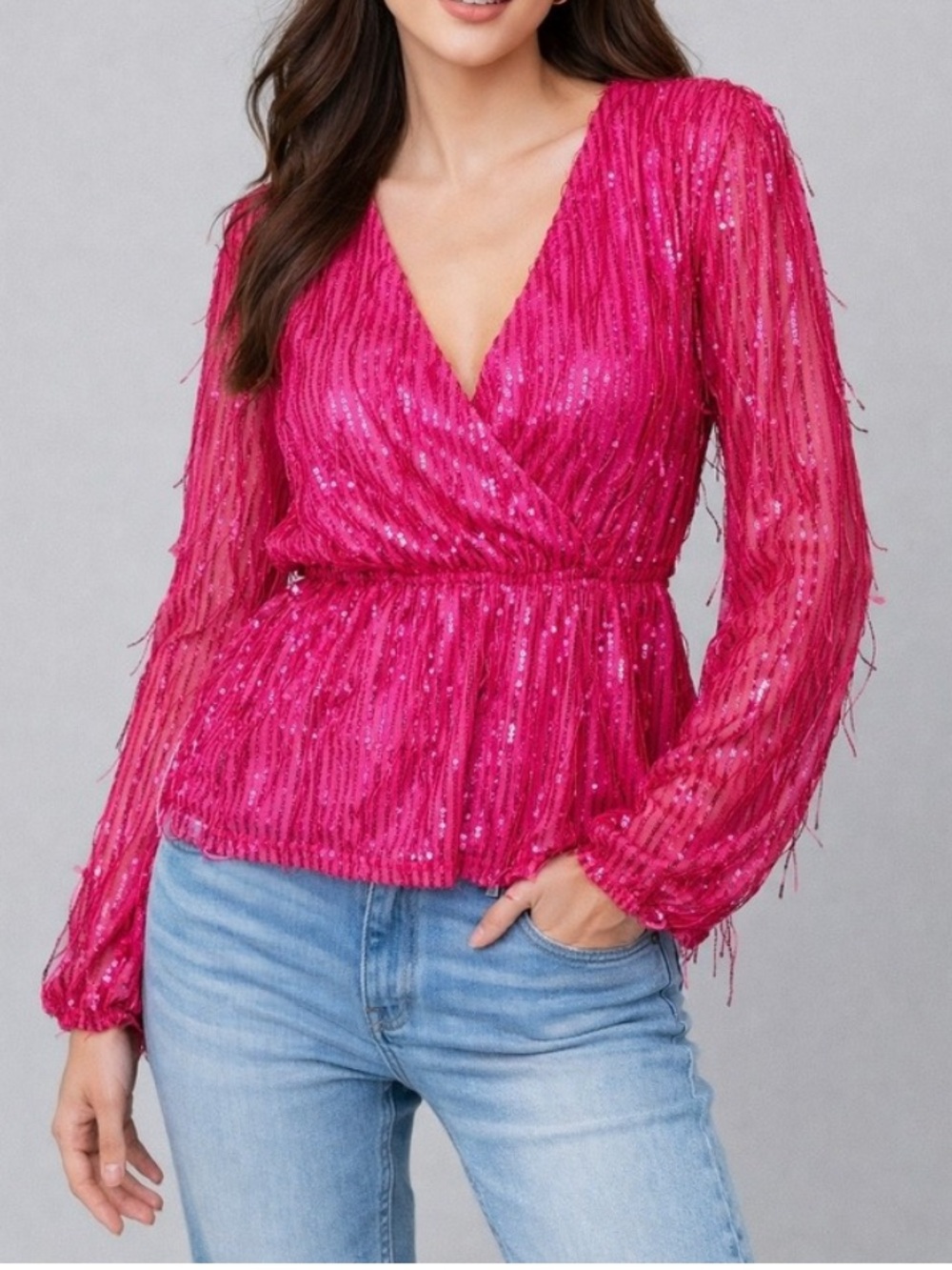 Savanna Jane sequined fringe blouse sz L